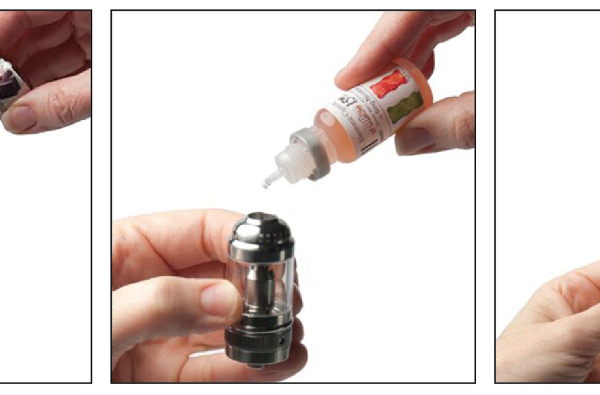 E-liquid being poured into several electronic cigarette devices
